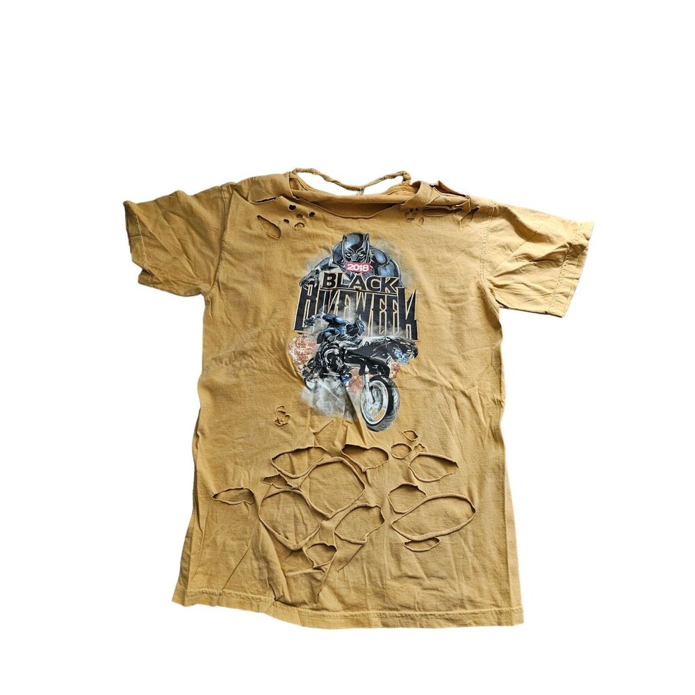 Black Bikeweek 2018 WAKANDA FOREVER T Shirt Size Large Shredded Yellow